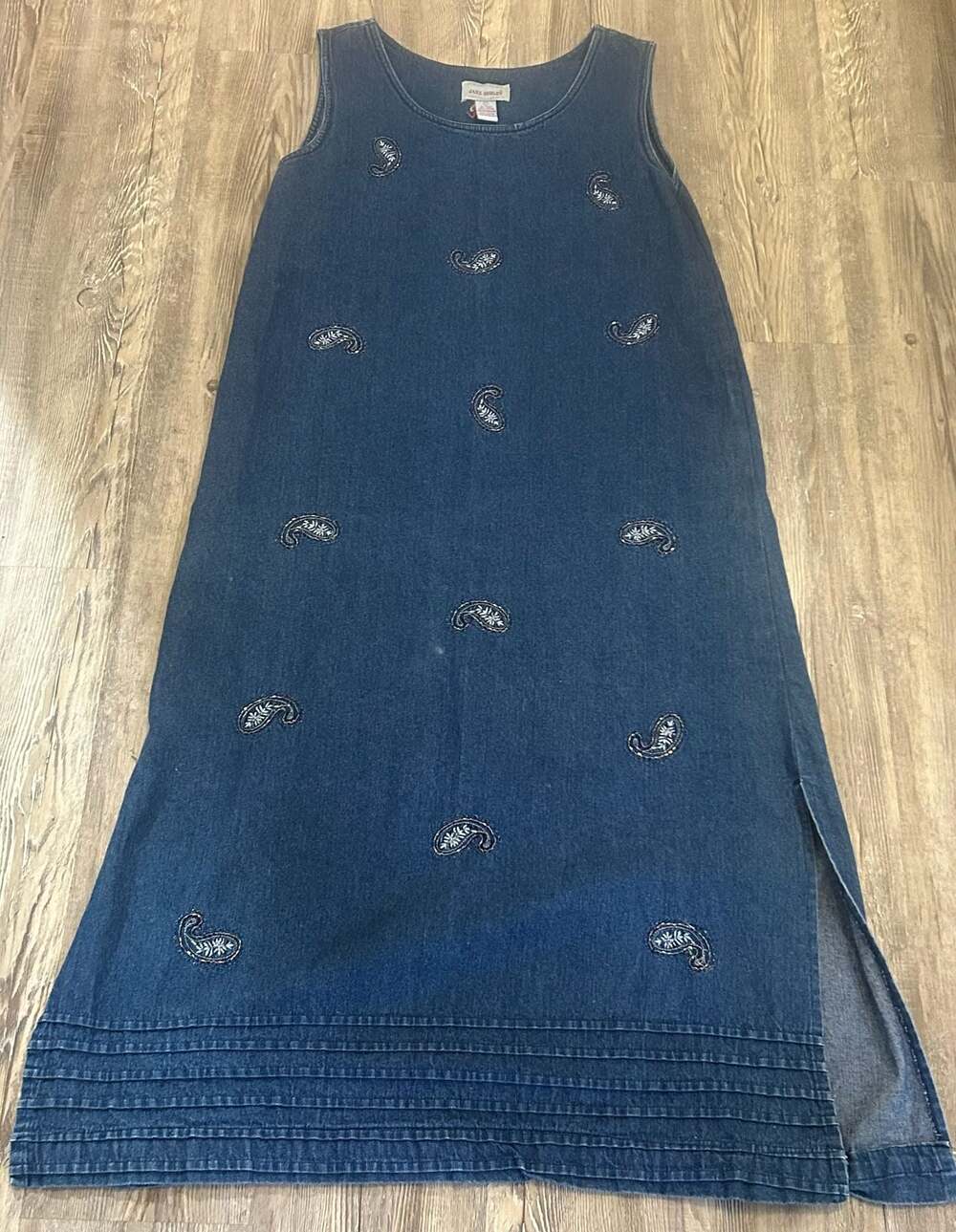 Jane Ashley Womens Blue Denim Jumper Dress Beaded Paisley Sleeveless Size L